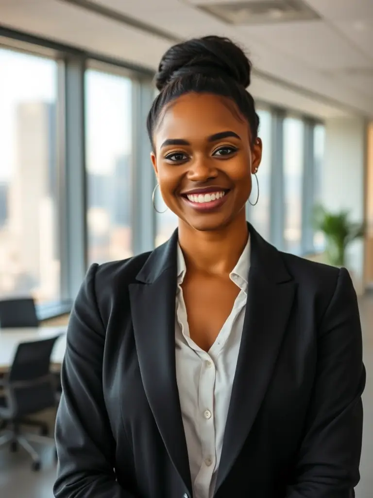 A professional South African business leader confidently addressing a team in a modern office setting, symbolizing leadership coaching.